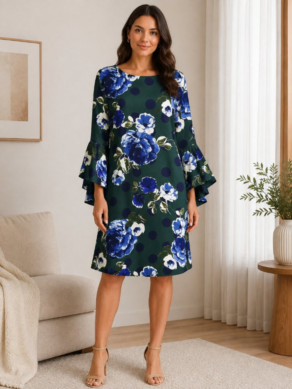 C Est. 1946 Cottagecore Floral Polka Dot Bell Sleeve Shift Dress XL